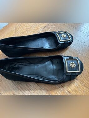 Tory Burch Black Suede Flats with Gold Logo Buckle